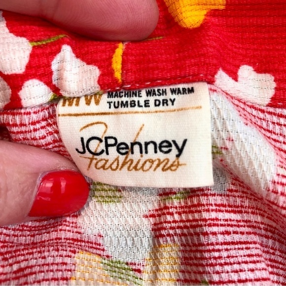 VINTAGE JCPenney barkcloth maxi skirt button front a-line bright red floral - Picture 5 of 5